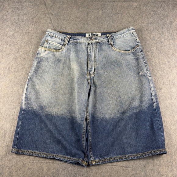 Godbody Denim Jean Shorts Mens Baggy Dip Dye Blue Size 38 x 14 Skate Grunge Rave - Picture 2 of 9